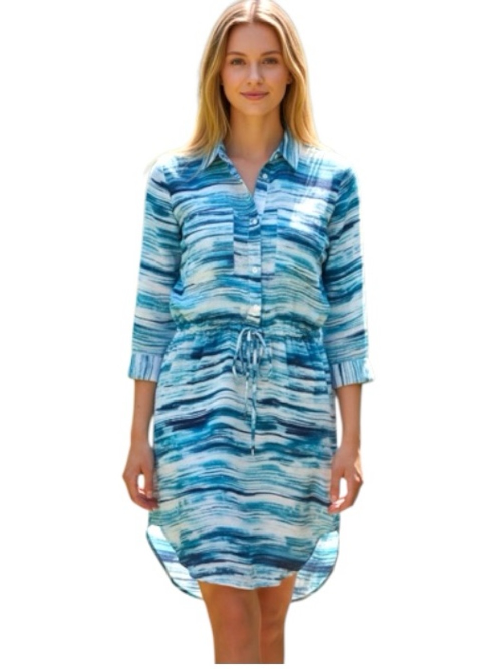 Haute Hippie Tie Dye Silk Blouse Dress Sz XS Green Blue White Tab Sleeve Tunic